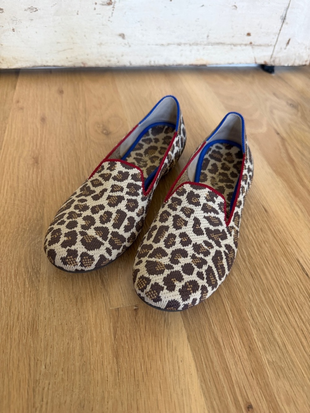 Rothy's Leopard Print Flats with Red Trim and Blue Lining